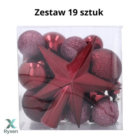 Komplet 19 Bombek Choinkowych Kamai Christmas Decoration® - Kolor Burgund z Gwiazdą na Czubek Kamai Christmas Decorations
