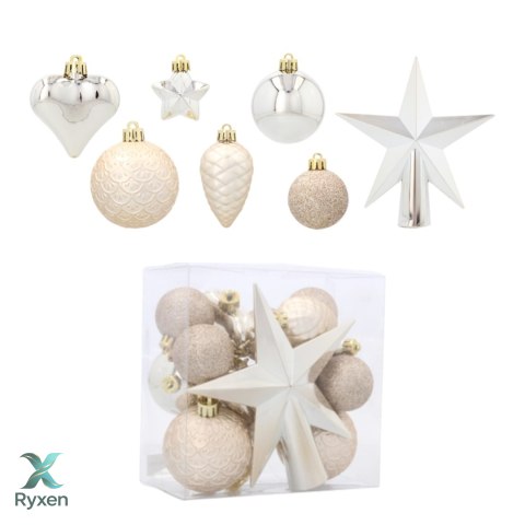 Komplet 19 Bombek Choinkowych Kamai Christmas Decoration® - Kolor Szampański z Gwiazdą na Czubek Kamai Christmas Decorations