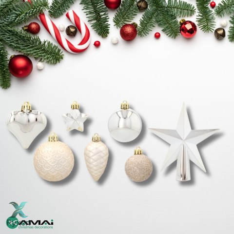 Komplet 19 Bombek Choinkowych Kamai Christmas Decoration® - Kolor Szampański z Gwiazdą na Czubek Kamai Christmas Decorations