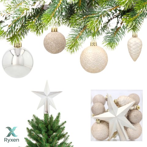 Komplet 19 Bombek Choinkowych Kamai Christmas Decoration® - Kolor Szampański z Gwiazdą na Czubek Kamai Christmas Decorations