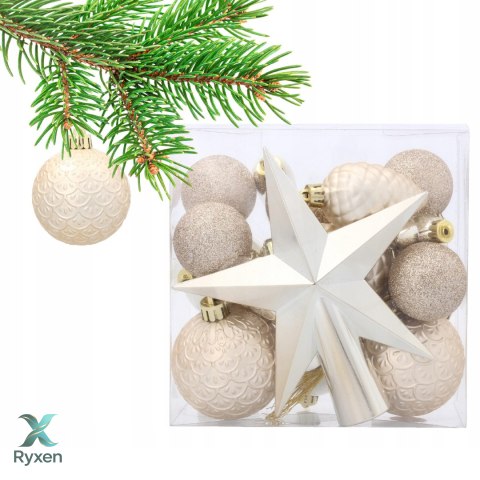 Komplet 19 Bombek Choinkowych Kamai Christmas Decoration® - Kolor Szampański z Gwiazdą na Czubek Kamai Christmas Decorations