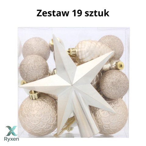 Komplet 19 Bombek Choinkowych Kamai Christmas Decoration® - Kolor Szampański z Gwiazdą na Czubek Kamai Christmas Decorations