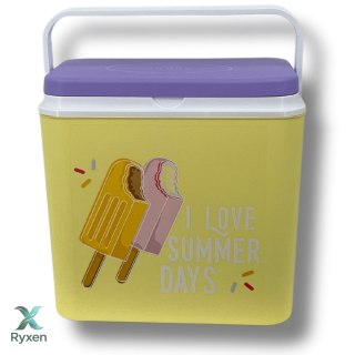 Lodówka turystyczna 24L Kamai Coolbox na wkłady mrożące, żółta z nadrukiem lodów, fioletowa pokrywa i biała rączka Cegeco