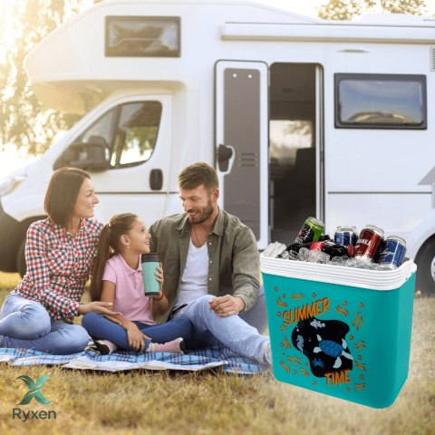 Lodówka turystyczna 24L Kamai Coolbox na wkłady mrożące, niebieska z nadrukiem zwierząt morskich, pomarańczowa pokrywa i biała r Cageco