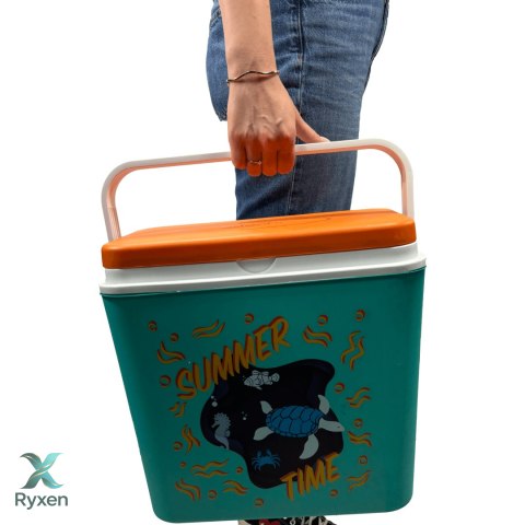 Lodówka turystyczna 24L Kamai Coolbox na wkłady mrożące, niebieska z nadrukiem zwierząt morskich, pomarańczowa pokrywa i biała r Cageco