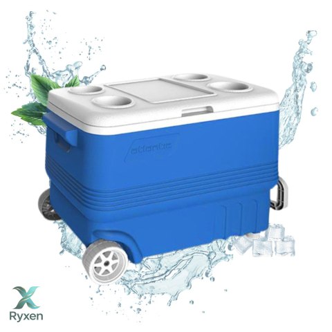 Lodówka turystyczna 45L z kółkami Kamai Coolbox pasywna na wkłady mrożące, niebieska z białą rączką Cageco
