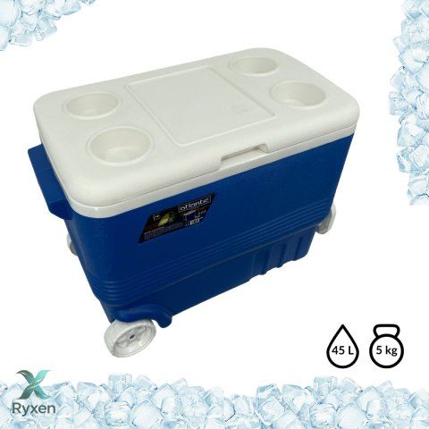 Lodówka turystyczna 45L z kółkami Kamai Coolbox pasywna na wkłady mrożące, niebieska z białą rączką Cageco