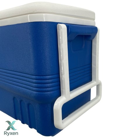 Lodówka turystyczna 45L z kółkami Kamai Coolbox pasywna na wkłady mrożące, niebieska z białą rączką Cageco