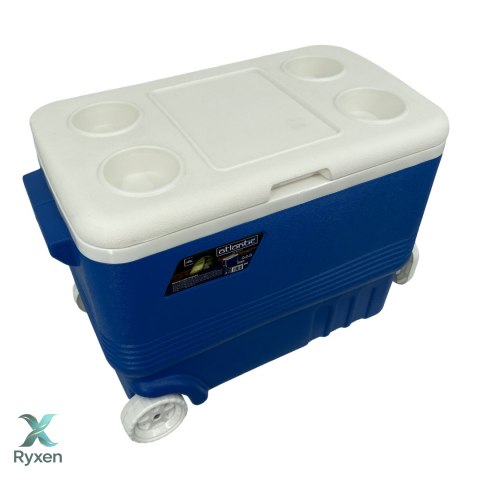 Lodówka turystyczna 45L z kółkami Kamai Coolbox pasywna na wkłady mrożące, niebieska z białą rączką Cageco