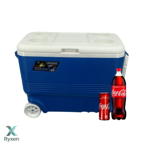 Lodówka turystyczna 45L z kółkami Kamai Coolbox pasywna na wkłady mrożące, niebieska z białą rączką Cageco