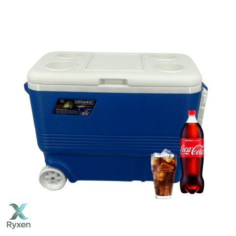 Lodówka turystyczna 45L z kółkami Kamai Coolbox pasywna na wkłady mrożące, niebieska z białą rączką Cageco