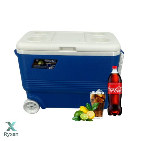 Lodówka turystyczna 45L z kółkami Kamai Coolbox pasywna na wkłady mrożące, niebieska z białą rączką Cageco