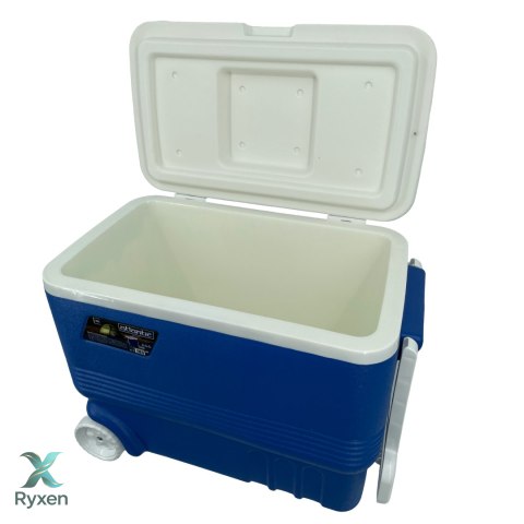 Lodówka turystyczna 45L z kółkami Kamai Coolbox pasywna na wkłady mrożące, niebieska z białą rączką Cageco