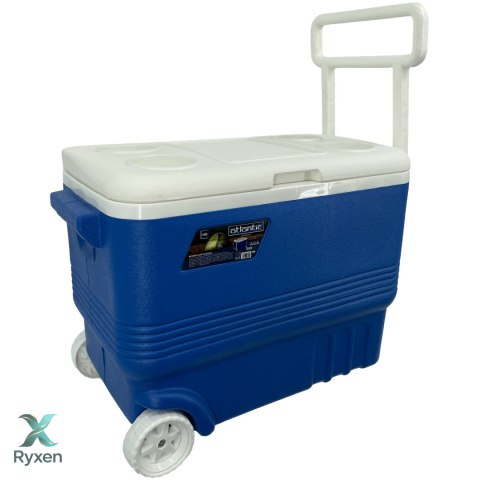 Lodówka turystyczna 45L z kółkami Kamai Coolbox pasywna na wkłady mrożące, niebieska z białą rączką Cageco