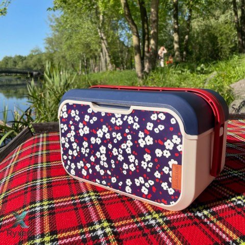 Mini lodówka turystyczna 5L KAMAI EDA wzór kwiat wiśni, lunchox na wkłady mrożące - waniliowy korpus, czerwona rączka, błękitna EDA