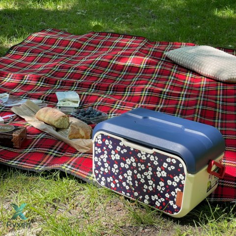 Mini lodówka turystyczna 5L KAMAI EDA wzór kwiat wiśni, lunchox na wkłady mrożące - waniliowy korpus, czerwona rączka, błękitna EDA