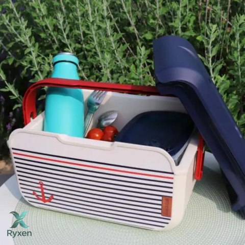 Mini lodówka turystyczna 5L KAMAI EDA wzór marynarski, lunchox na wkłady mrożące - waniliowy korpus, czerwona rączka, błękitna  EDA