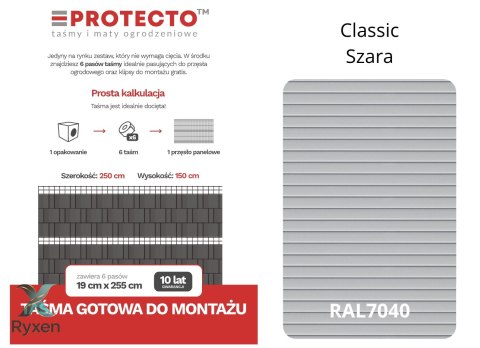 Taśma ogrodzeniowa PASKI 6 x 2,55mb CLASSIC 19cm PROTECTO™ SZARA + 12 klipsów GRATIS PROTECTO