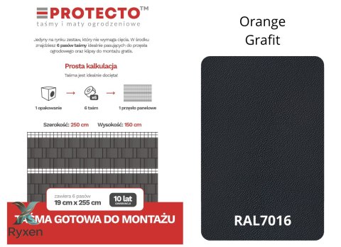 Taśma ogrodzeniowa PASKI 6 x 2,55mb ORANGE 19cm PROTECTO™ GRAFIT + 12 klipsów GRATIS PROTECTO
