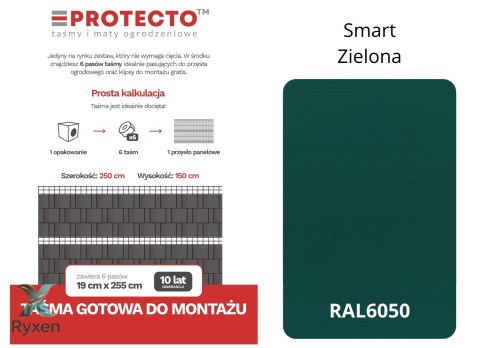Taśma ogrodzeniowa PASKI 6 x 2,55mb SMART 19cm PROTECTO™ ZIELONA + 12 klipsów GRATIS PROTECTO