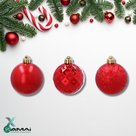 ZESTAW 3 EKSKLUZYWNYCH BOMBEK CHOINKOWYCH O RÓŻNYM WYGLĄDZIE. KOLOR: CZERWONY Kamai Christmas Decorations
