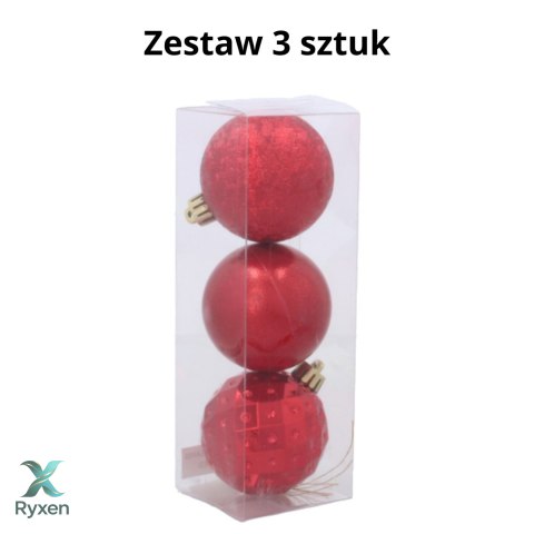 ZESTAW 3 EKSKLUZYWNYCH BOMBEK CHOINKOWYCH O RÓŻNYM WYGLĄDZIE. KOLOR: CZERWONY Kamai Christmas Decorations