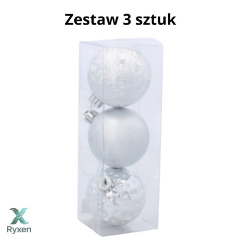 ZESTAW 3 EKSKLUZYWNYCH BOMBEK CHOINKOWYCH O RÓŻNYM WYGLĄDZIE. KOLOR: SREBRNY Kamai Christmas Decorations