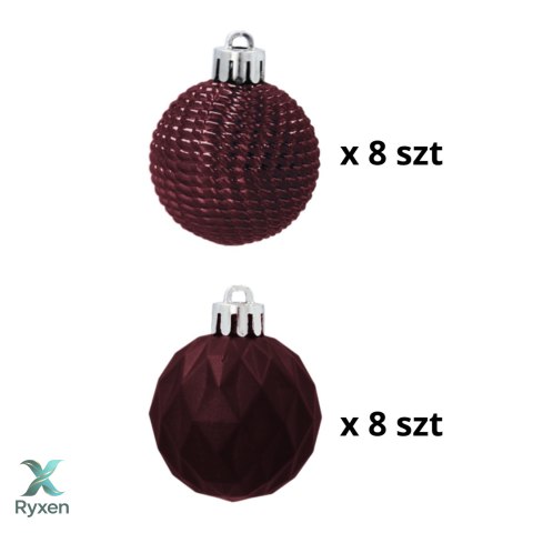 Zestaw 16 Eleganckich Bombek Kamai Christmas Decoration® o Średnicy 4 cm - Kolor Burgund Kamai Christmas Decorations