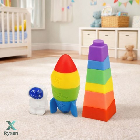 Zestaw Klocki Gumowe Wieża Rakieta Kosmonauta Kolorowe 11 el. LEAN TOYS