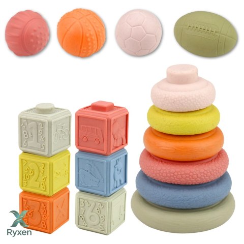 Zestaw Miękkie Zabawki Sensoryczne Piłeczki Piramidka Klocki 18 el. LEAN TOYS