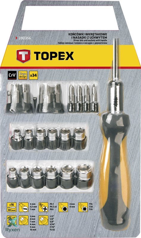 Końcówki wkrętakowe i nasadki z uchwytem, zestaw 29 szt. TOPEX