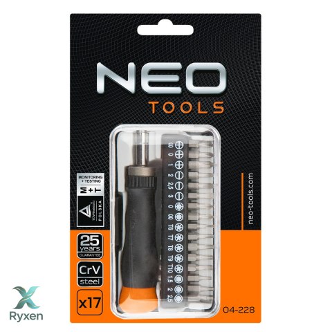 Końcówki wkrętakowe precyzyjne z uchwytem, zestaw 17 szt. NEO TOOLS