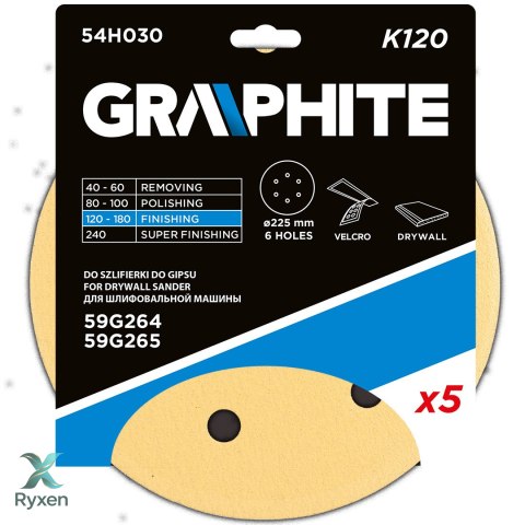 Papier ścierny na rzep 225 mm, K120, 5 szt., z 6 otworami do szlifierki 59G264, 59G265 GRAPHITE