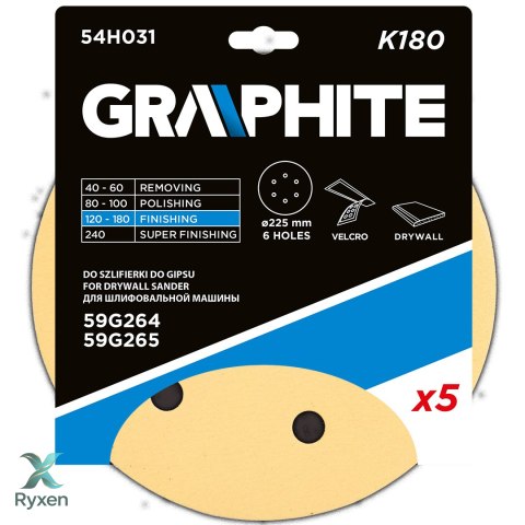 Papier ścierny na rzep 225 mm, K180, 5 szt., z 6 otworami do szlifierki 59G264, 59G265 GRAPHITE