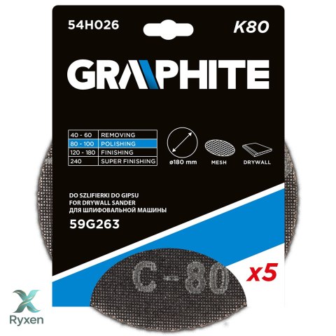 Siatka ścierna na rzep 180 mm, K80, 5 szt. do szlifierki 59G263 GRAPHITE
