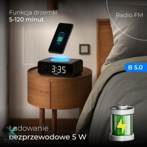 AD 1192 black Radiobudzik z bezprzewodową ładowarką i fm ADLER