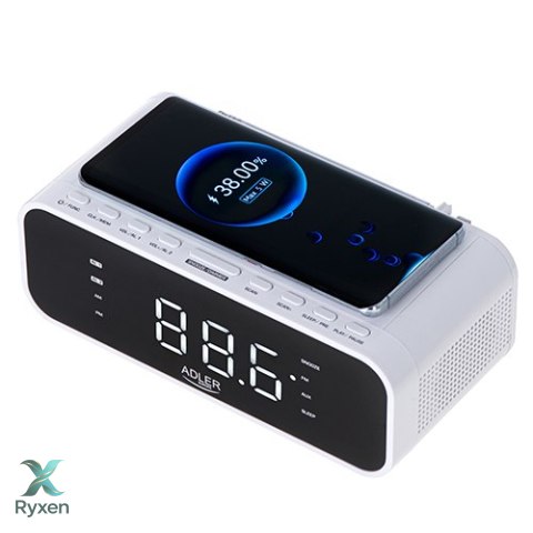 AD 1192 white Radiobudzik z bezprzewodową ładowarką i fm ADLER