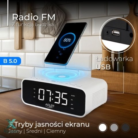 AD 1192 white Radiobudzik z bezprzewodową ładowarką i fm ADLER