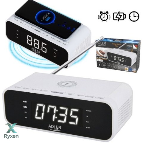 AD 1192 white Radiobudzik z bezprzewodową ładowarką i fm ADLER