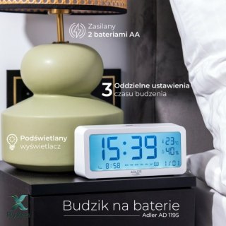 AD 1195 white Budzik na baterie - biały ADLER