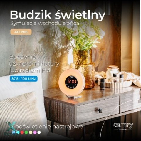 AD 1916 Budzik świetlny | symulacja wschodu słońca | dźwięki natury | radio fm | podświetlenie nastrojowe ADLER