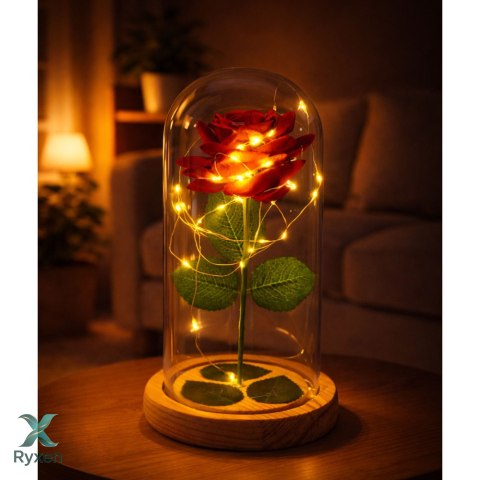 Wieczna Róża W Szkle Kopuła Oświetlenie LED Czerwona 21x11cm LEAN