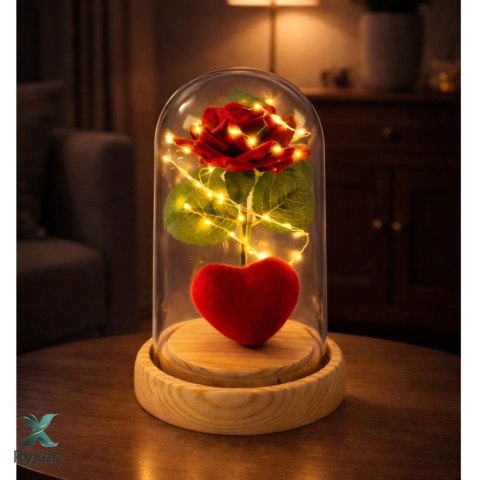 Wieczna Róża w Kopule z Oświetleniem LED Czerwona z Serduszkiem 14x8cm LEAN