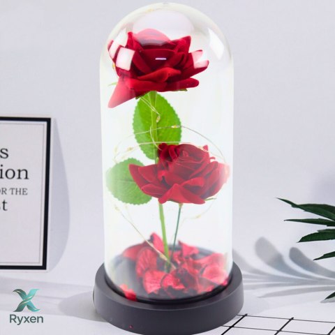 Wieczne 2 Róże w Kopule z Oświetleniem LED i Płatkami Róż Czerwone 21x11cm LEAN