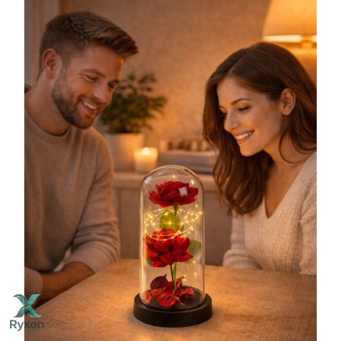 Wieczne 2 Róże w Kopule z Oświetleniem LED i Płatkami Róż Czerwone 21x11cm LEAN