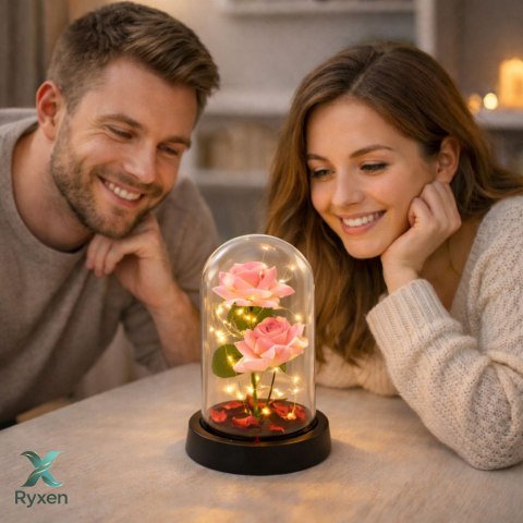 Wieczne Róże w Kopule z Oświetleniem LED i Płatkami Róż Różowe 21x11cm LEAN