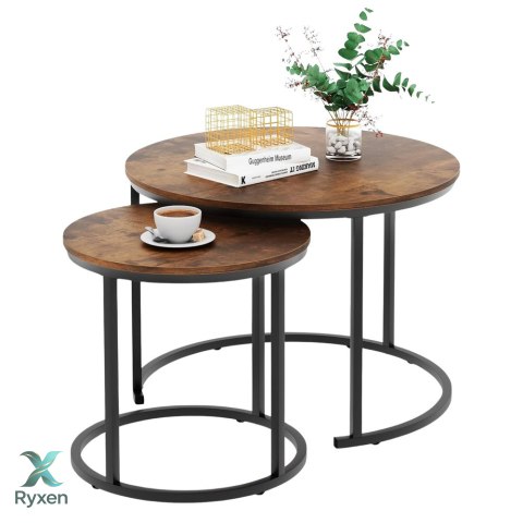 Zestaw Okrągłe Stoliki Kawowe 2w1 Vintage Naturalne Drewno 70x50cm 45x44cm LEAN