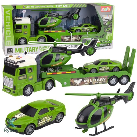 Zestaw Militarny Wojskowy Ciężarówka Laweta Auto Helikopter Światła Dźwięk LEAN TOYS