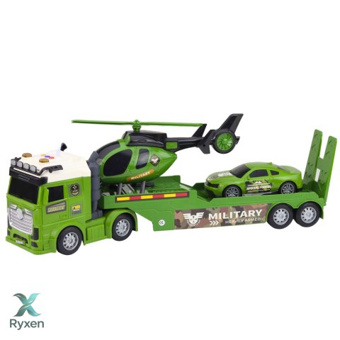 Zestaw Militarny Wojskowy Ciężarówka Laweta Auto Helikopter Światła Dźwięk LEAN TOYS