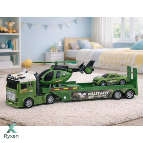 Zestaw Militarny Wojskowy Ciężarówka Laweta Auto Helikopter Światła Dźwięk LEAN TOYS